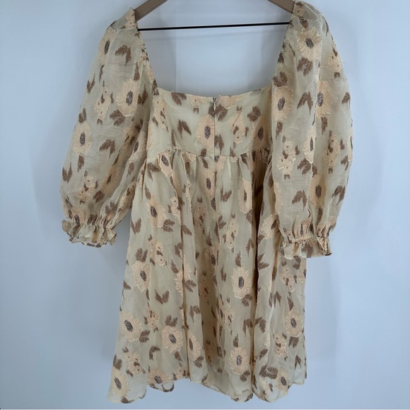 Storia Golden Floral Babydoll‎ Puff Sleeve Mini Dress Large Romantic Cottage NEW - Picture 9 of 16